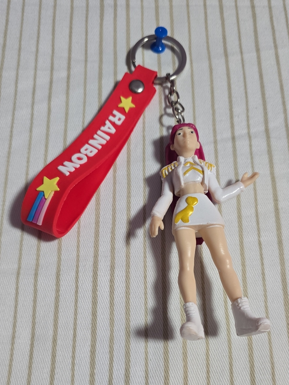 Red 'RAINBOW' Star Silicone Keyring with Pink-Haired Doll Charm